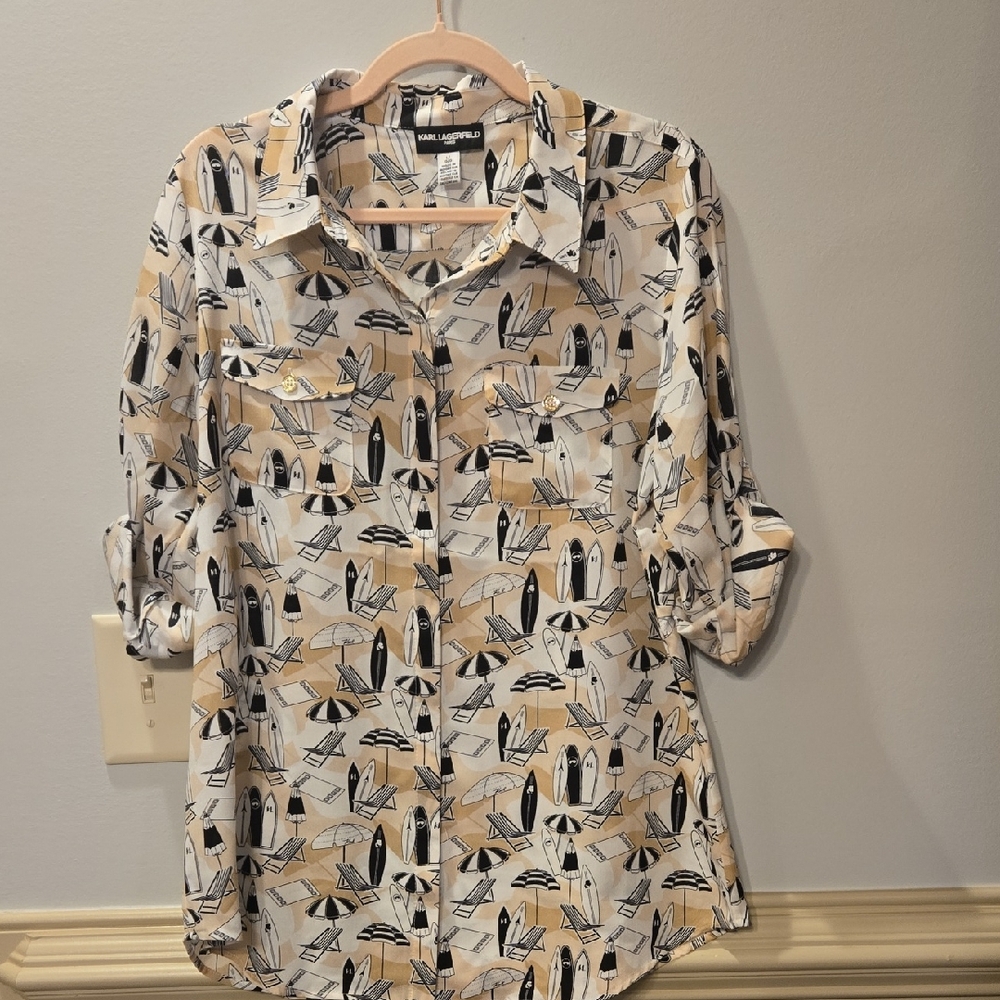 Karl Lagerfeld Paris Beach Print Women's Button Up Shirt Roll Tab Sleeves LARGE